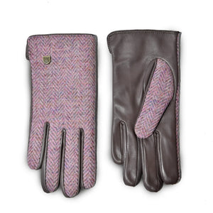 Reverse of the Islander Pink Herringbone Harris Tweed Ladies Gloves showing the contrast between the PU leather and Harris Tweed.