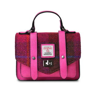 A front on image of the Harris Tweed Satchel in Red Tartan without the shoulder strap.