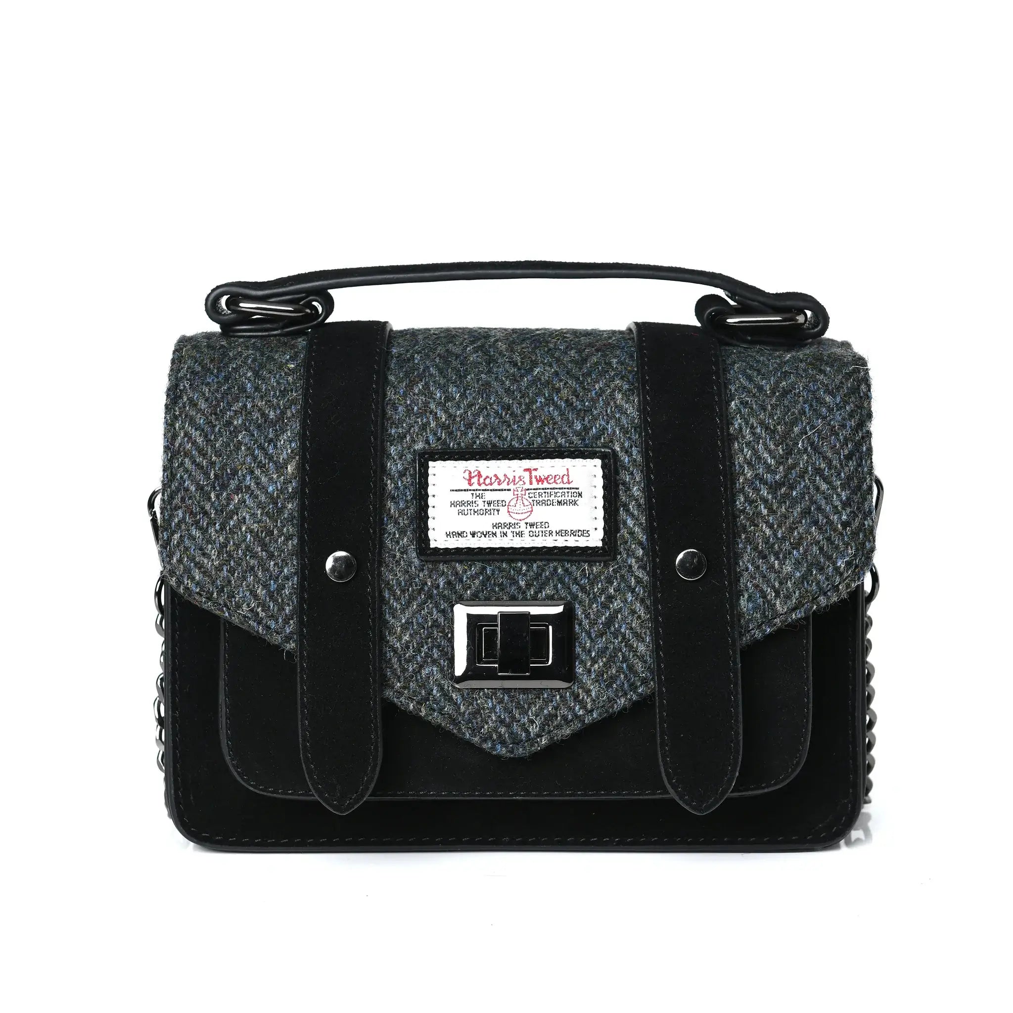 Islander Black Herringbone Harris Tweed Suede Satchel style handbag with the shoulder strap hidden behind. 