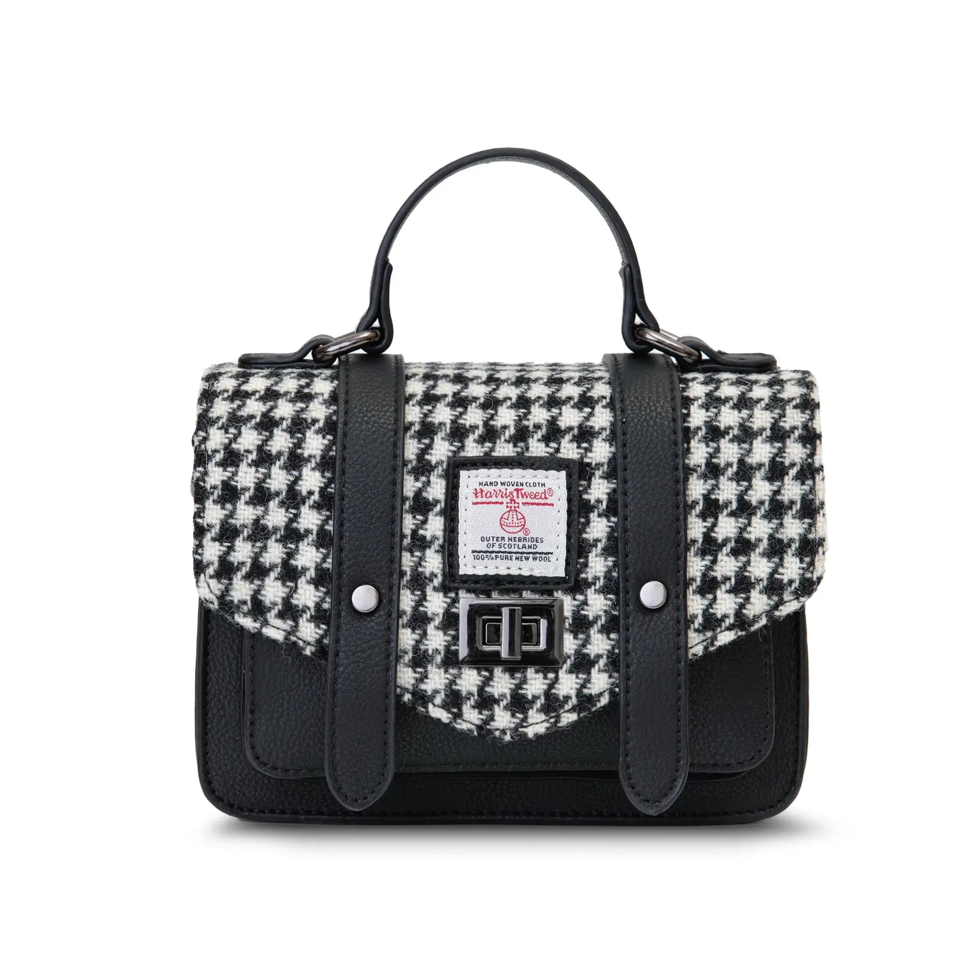 Islander Black and White Dogtooth Harris Tweed Satchel style handbag without the shoulder strap.