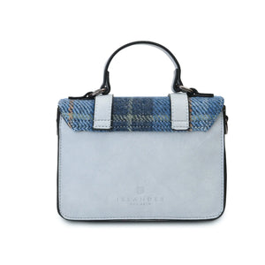 From behind the Islander Harris Tweed Satchel with blue synthetic leather and just a hint of the blue tartan fabric.