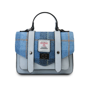Harris Tweed Mini Blue tartan Satchel style handbag without the shoulder strap.