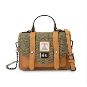 Brown Harris Tweed Herringbone satchel style handbag with a tan sythetic leather body and shoulder strap.