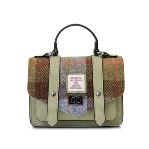 Islander Harris Tweed Satchel sytle handbag in a brown chestnut and blue Scottish tartan fabric.
