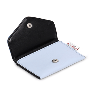 The card holder open showing the blue synthetic leather and the clasp closer. 