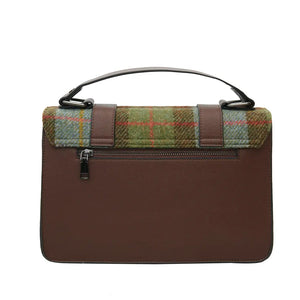 From behind showing the brown synthetic leather of the Chestnut & Blue Harris Tweed Satchel Handbag.