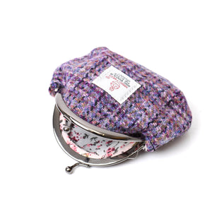 Islander Harris Tweed Violet Mini dogtooth coin purse open showing the floral inning inside. 