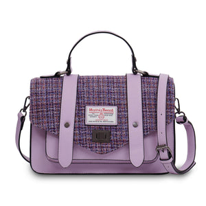 Large Harris Tweed Satchel with purple faux leather and violet mini dogtooth design.