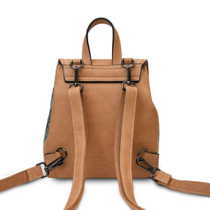 From behind the Islander Jura Backpack sohwing the light tan leather body and adjustable shoulder straps. 