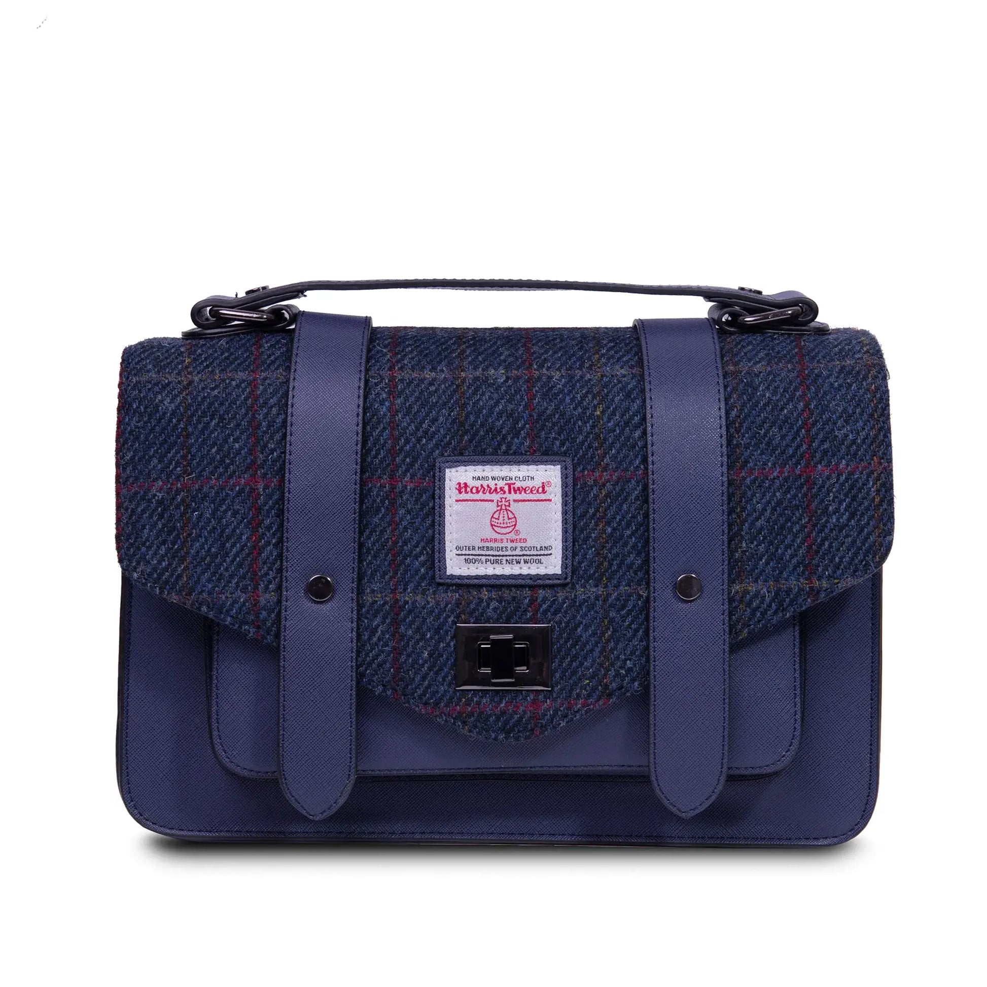 Islander Navy Over-Check Tartan Satchel style handbag without its shoulder strap.