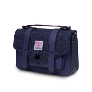 From the side the Islander Navy Over-Check Harris Tweed Satchel without the removable shoulder strap.