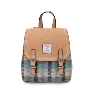 Ladies backpack made from tan brown leather and genuine Islander Tartan Harris Tweed. 