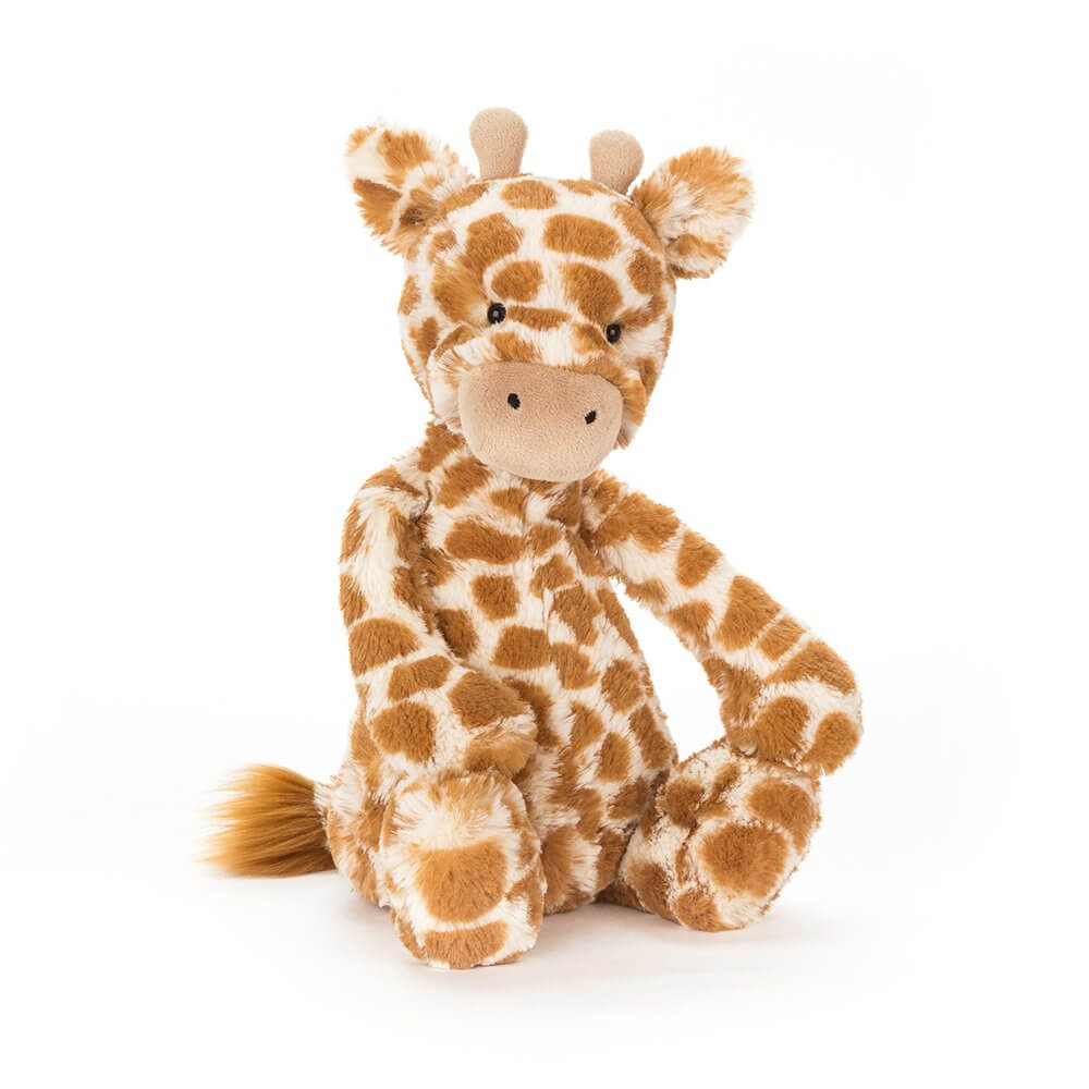 Bashful Giraffe is a cute soft toy loved by children of all ages he has squidgy horns and a toffee and white body.