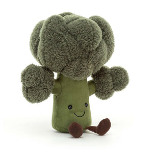Children's soft toy from Jellycat in the shape of a green broccoli floret.