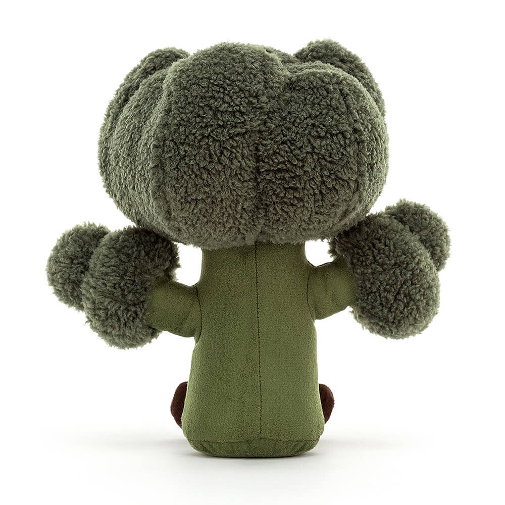 From behind the Jellycat Amuseable Broccoli children's soft toy. 