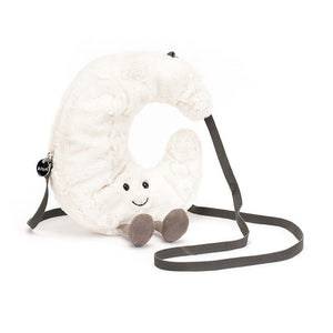 Side view of the Jellycat Amuseable Moon Bag showing the side zip and shoulder strap.