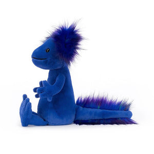 From the side Jellycat And Axoloti children's soft toy with legs out in front and long tail behind.