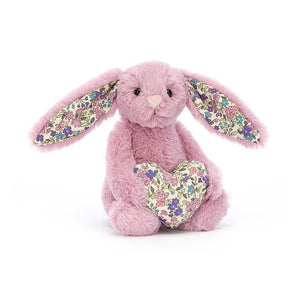 Jellycat Blossom Heart Tulip Bunny plush toy, made from soft pink fur with embroidered face and floral-printed ears, perfect for snuggling and playtime.