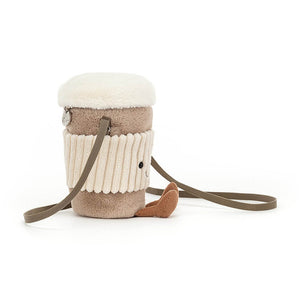 Jellycat Coffee to Go Children's shoulder bag from the side with the shoulder strap sitting out front. 