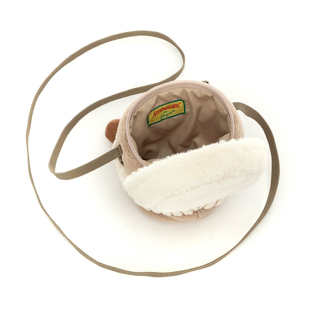 An image from the top of the Jellycat Coffee To Go children's shoulder bag showing inside. 