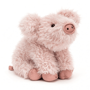 An image of a cute and cuddly Jellycat Curvie Pig plush toy. The pig has pink fur and floppy ears, sitting on a white background.