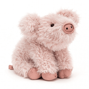 An image of a cute and cuddly Jellycat Curvie Pig plush toy. The pig has pink fur and floppy ears, sitting on a white background.