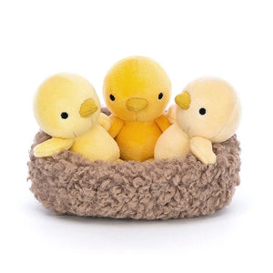 Image of Jellycat Nesting Chickies which is a set of 3 baby chickens in a soft nest. This is a children's soft toy.