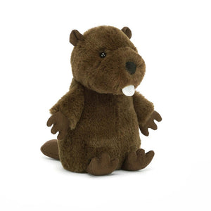 Jellycat's Nippit Beaver plush toy, featuring soft, suede-like paws and a plump chocolate fudge tummy.