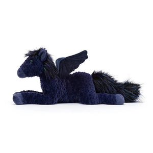 Jellycat Seraphine Pegasus Children's soft toy from the side showing its short wings and long bushy tail.