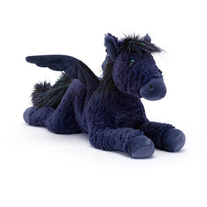 Image of the Jellycat Seraphina Pegasus plush toy, a midnight blue furred pegasus. This plush children's toy is the perfect embodiment of magic and wonder, making it an excellent addition to any collection or gift for unicorn or fantasy lovers.