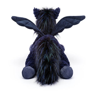 From behind, the Jellycat Seraphine Pegasus childen's soft toy with its legs strethched out behind. 