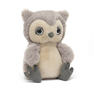 A cute stuffed animal of a grey Snoozling Owl by Jellycat. The owl has soft, fluffy wings, a biscuity belly, suedey claws with tufts, a bobble beak, and bright sleepy eyes. The image shows the owl sitting on a white background.