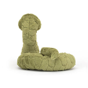 Jellycat Stevie Snake children's soft toy from behind showing his coiled body. 