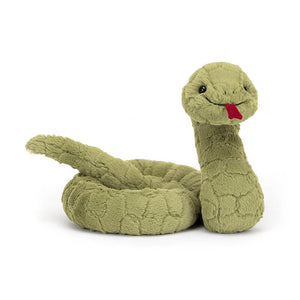 Stevie Snake plush toy by Jellycat, featuring a bouncy coiled body, playful red tongue, and vibrant green scale fur.
