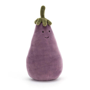 An image of the Vivacious Vegetable Aubergine plush toy from Jellycat. The toy is made of soft, stretchy, blush plum fur and has a green stalk hat. It features a friendly smile and a plump, beany bottom. The toy is sitting on a white background.