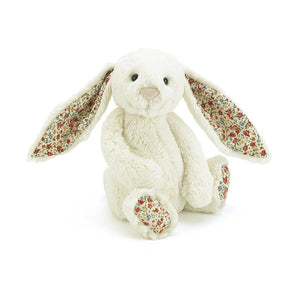 Jellycat Bashful Bunny in a cream colour with floral ears and feet.