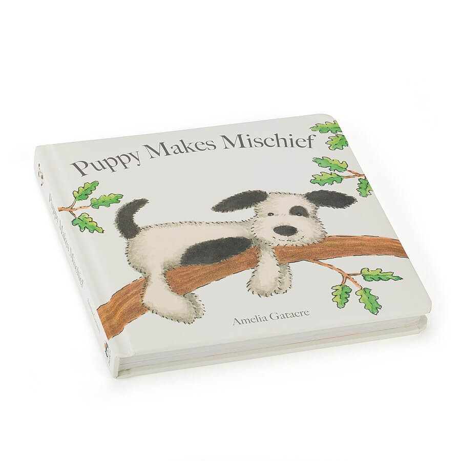 Jellycat Puppy Makes Mischief Book flat view showing width of book