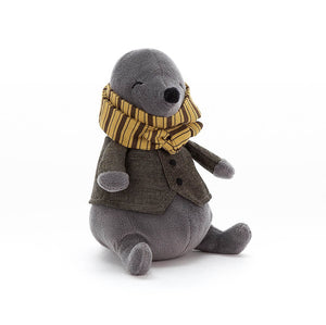 Jellycat Riverside Rambler Mole soft toy,grey with striped mustard scarf and green jacket