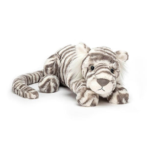Jellycat Sacha Snow Tiger soft toy with white and grey fur and a very long tail