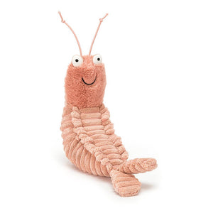 Jellycat Sheldon Shrimp soft toy with a peach corded body,soft fur head and antennae