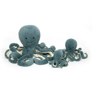 Jellycat Storm Octopus soft toy with teal fur and cream cord under tentacles