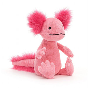 Bright pink amphibian soft toy from Jellycat called Alice Axoloti.