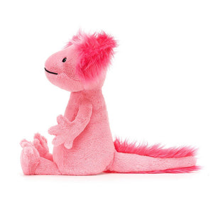 Side view of Bright pink amphibian soft toy from Jellycat called Alice Axoloti.
