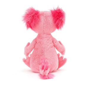 Back view of Bright pink amphibian soft toy from Jellycat called Alice Axoloti.