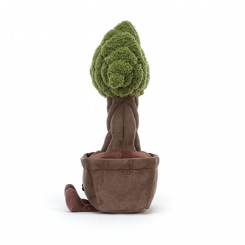 Jellycat Amuseable Bonsai Tree children’s soft toy from the side showing the corded feet out in front. We have a side view of the twisted tree branches and soft green leaves.