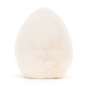 From the back the Jellycat Amuseable Hard Boiled Egg covered in white fur. 