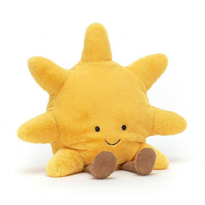 Jellycat Amuseables Sun soft children’s toy in bright yellow with little brown corded feet. 
