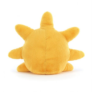 Back view of the Jellycat Amuseables Sun showing the bright yellow colour and soft spikes. 