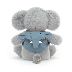 Jellycat Backpack Elephant from the back. His light blue backpack is in the shape of an elephant. 