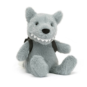 Jellycat Backpack Wolf children’s soft toy is covered head to toe in grey fur. He has pointy ears and sharp suede protruding teeth. On his back he wears a matching backpack. 